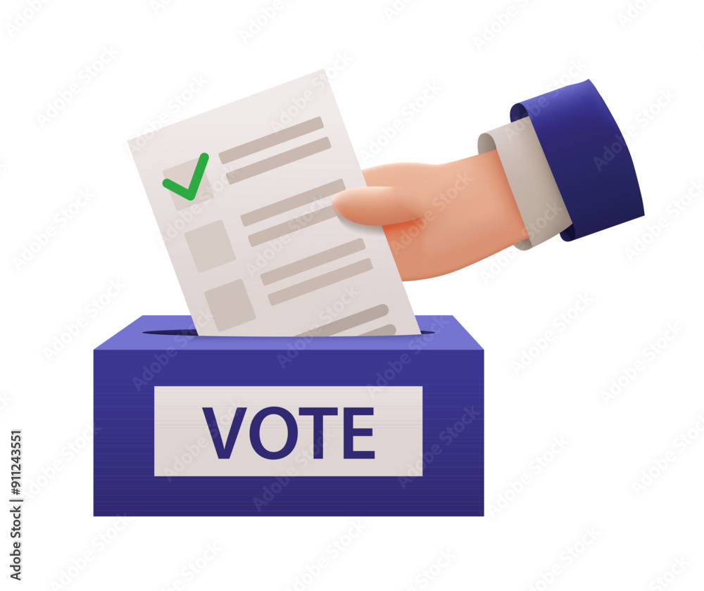 Vote 2024. 3d Realistic Hand in Business Suit Puts Vote Ballot into Voting Box. Election and Democracy. Vector Illustration. Vote 2024. 3d Realistic Hand in Business Suit Puts Vote Ballot into Voting Box. Election and Democracy. Vector Illustration.
