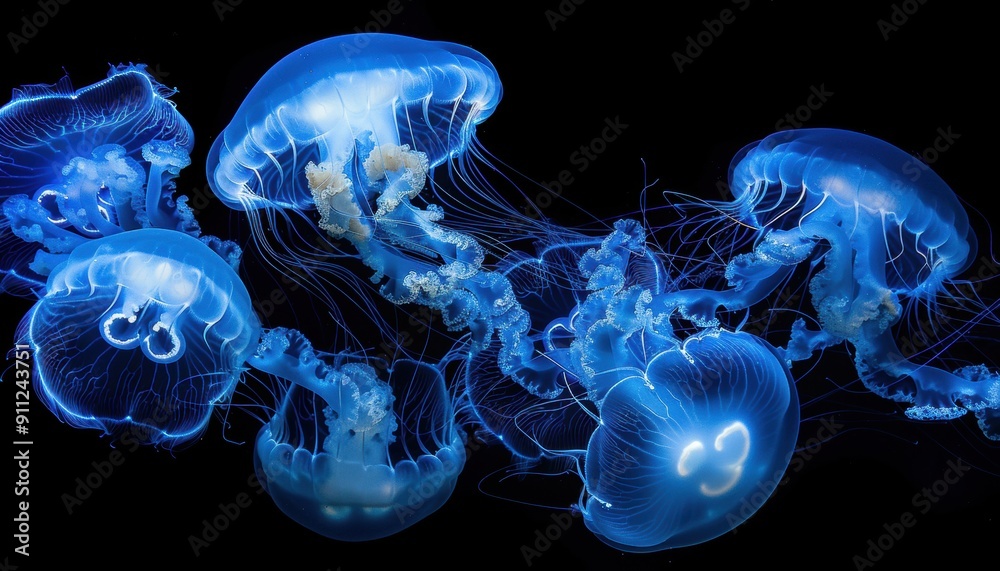 Glowing Jellyfish Swimming Gracefully in Dark Ocean Waters at Night Glowing Jellyfish Swimming Gracefully in Dark Ocean Waters at Night