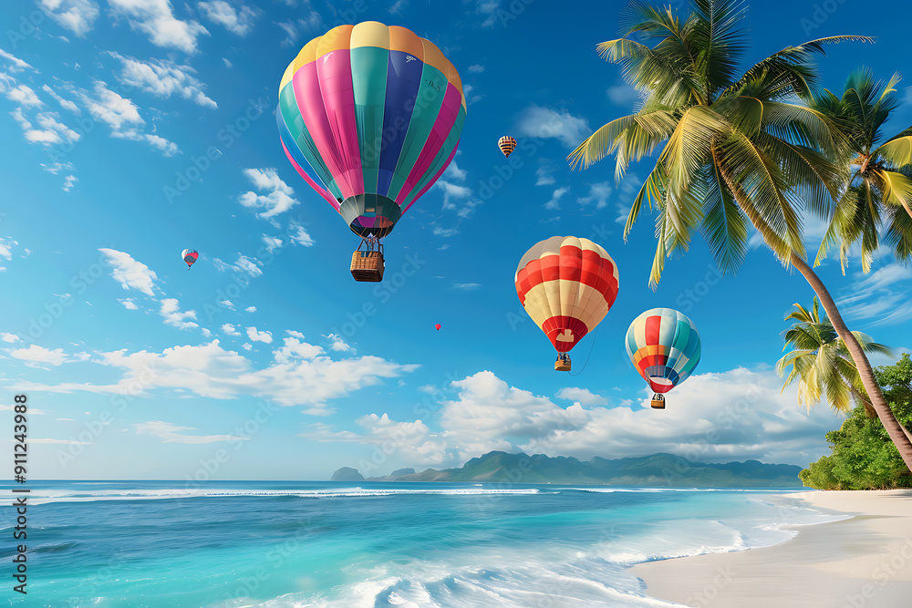 Fototapeta premium Colorful hot air balloons float over a tropical beach, perfect for summer vacation and travel advertising. 
