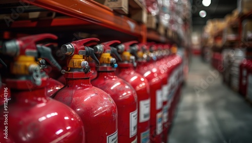 A row of red fire extinguishers lined up on metal shelves in a warehouse setting.