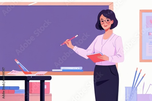 Flat illustration of a teacher in a classroom writing on a blackboard, purple and pink, gradient, isolate on white