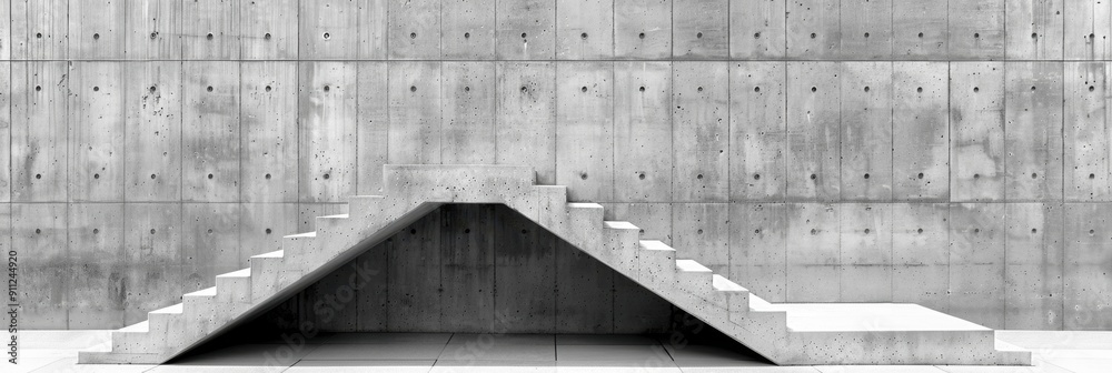 Modern minimalistic concrete staircase with clean geometric lines and symmetrical design against a textured concrete wall.