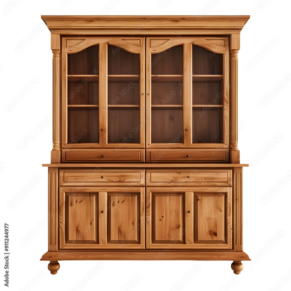 Isolated pine wood hutch with glass doors and drawers on a transparent checkered background Isolated pine wood hutch with glass doors and drawers on a transparent checkered background