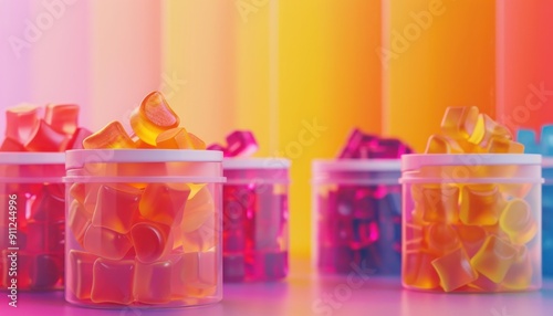 Colorful Transparent Containers Filled With Vibrant Gelatin Treats on a Bright Background photo