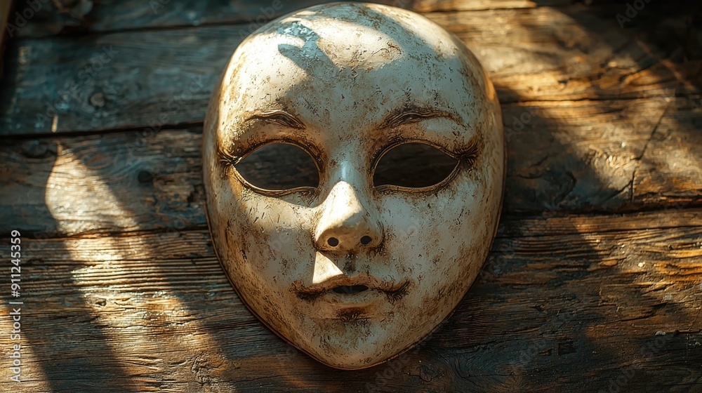 Spooky Halloween Mask Close-Up on Wooden Table with Realistic Details and Shadows Spooky Halloween Mask Close-Up on Wooden Table with Realistic Details and Shadows