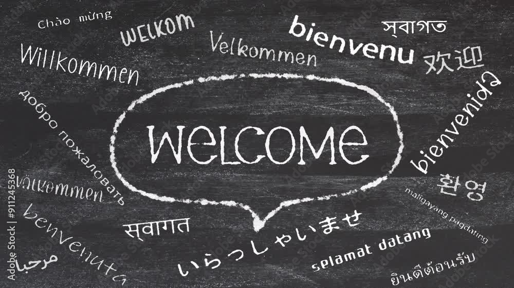 Welcome in different international language write on chalkboard animation cinematic title abstract background  