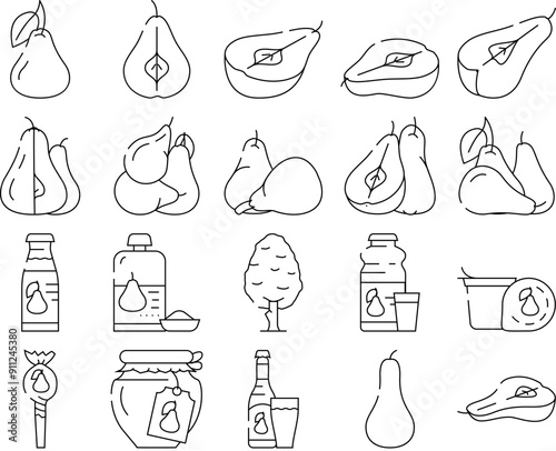 pear fruit half food slice icons set vector. white green leaf, cut fresh juicy ripe, asian organic raw piece, tree pear fruit half food slice black contour illustrations