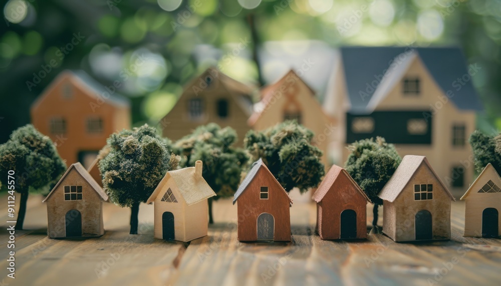 Miniature Wooden Houses With Green Trees Displayed on a Wooden Surface Outdoors Miniature Wooden Houses With Green Trees Displayed on a Wooden Surface Outdoors