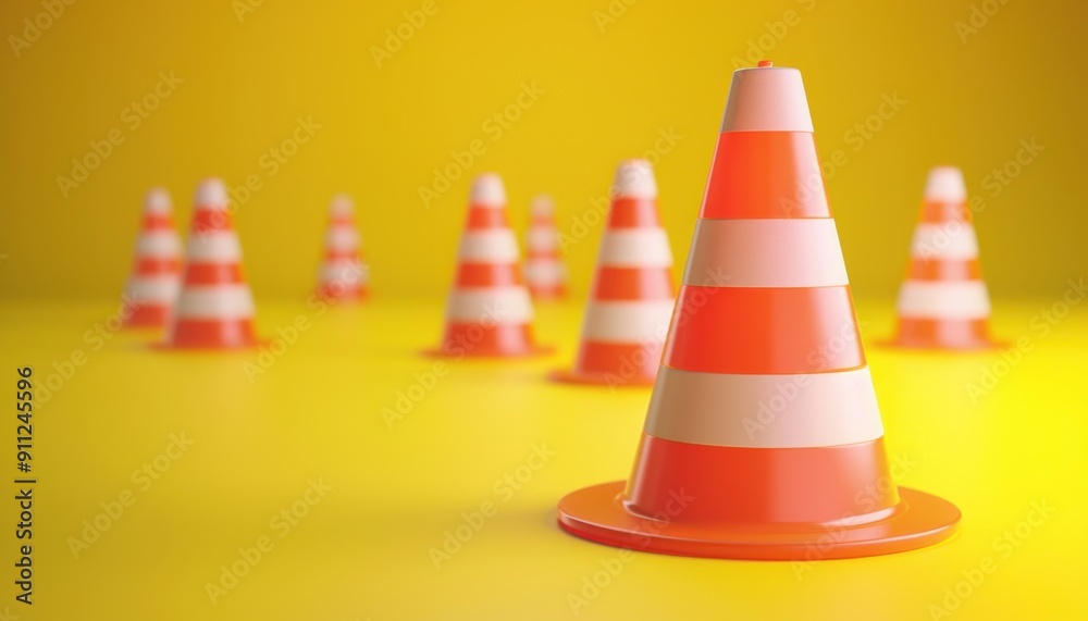 Brightly Colored Traffic Cones Arranged on a Yellow Background for Safety Display Brightly Colored Traffic Cones Arranged on a Yellow Background for Safety Display