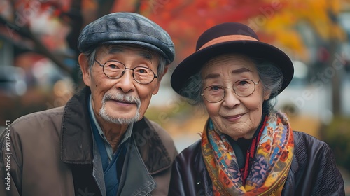 An elderly couple smiles warmly at the camera, surrounded by vibrant autumn foliage perfect for themes of aging, love, companionship, and seasonal greetings,