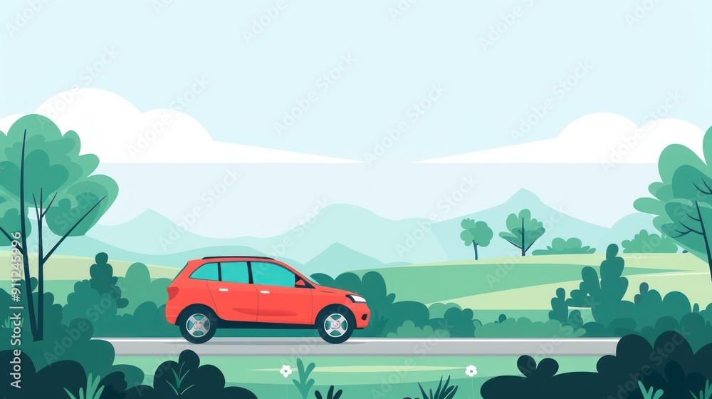 Red Car Driving on a Winding Road Through Green Countryside. Red Car Driving on a Winding Road Through Green Countryside.