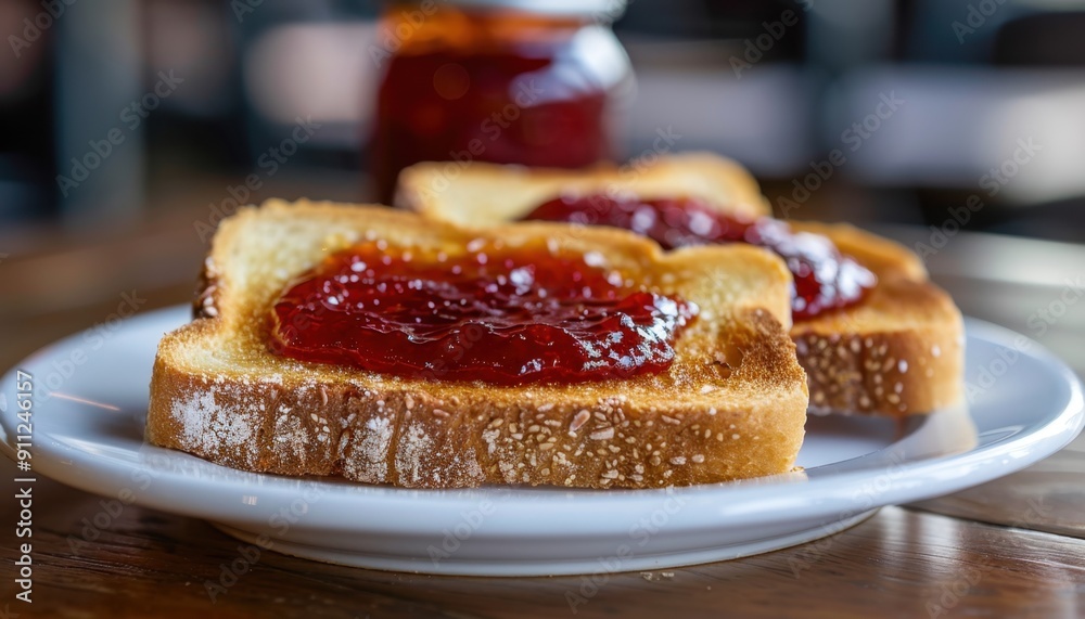 Delicious Toast Slices Generously Topped With Sweet Red Jam Prepared In A Cozy Kitchen Setting Delicious Toast Slices Generously Topped With Sweet Red Jam Prepared In A Cozy Kitchen Setting