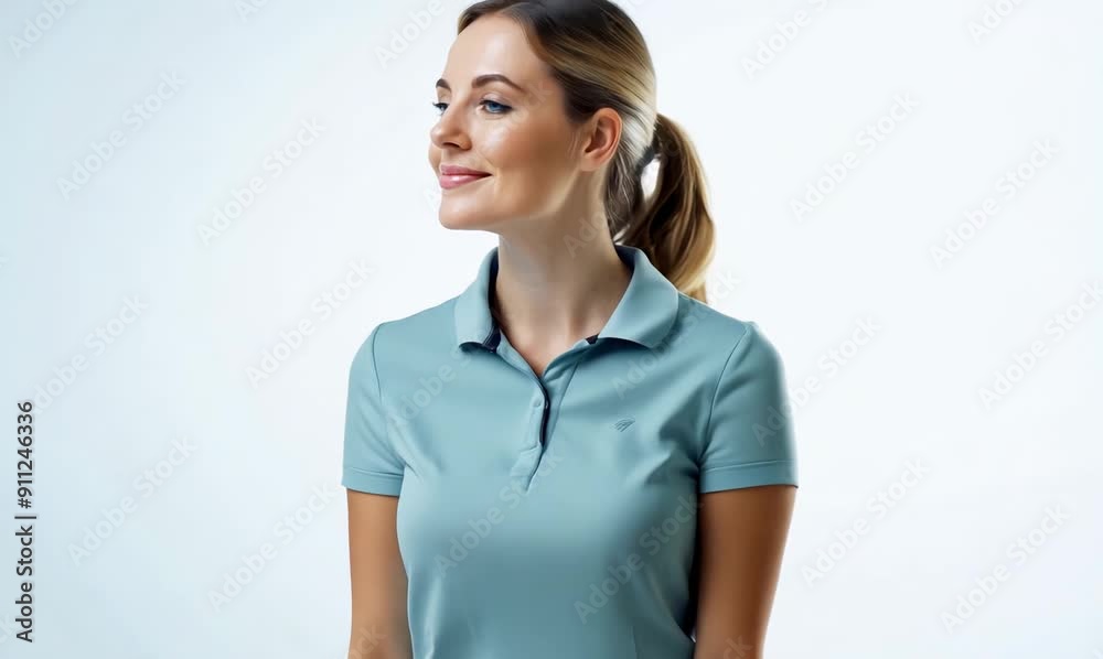 Portrait video of a Swedish woman in her 30s wearing a sporty polo shirt against a white background Portrait video of a Swedish woman in her 30s wearing a sporty polo shirt against a white background