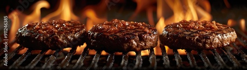 Flavourful smashed steak burger engulfed in flames, grilling, charred, delicious, barbecue, gourmet