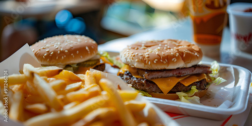 Delicious Burger with Fries and Drink in Fast Food Restaurant