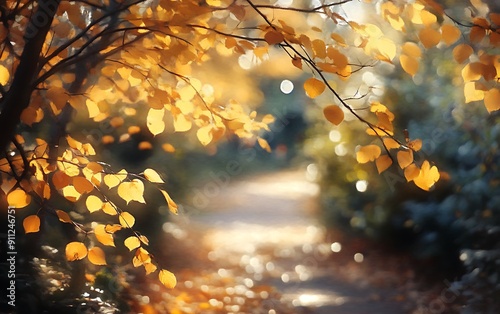 Golden Autumn Leaves with Garden Pathway in Gentle Sunlight