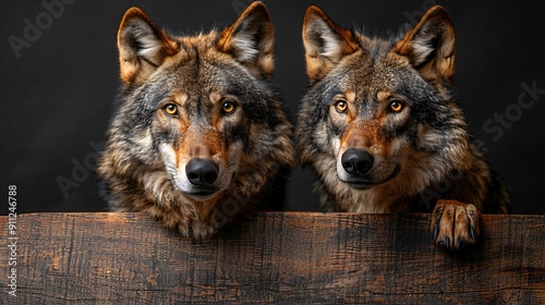 Two Wolves Peering Over Wooden Plank photo