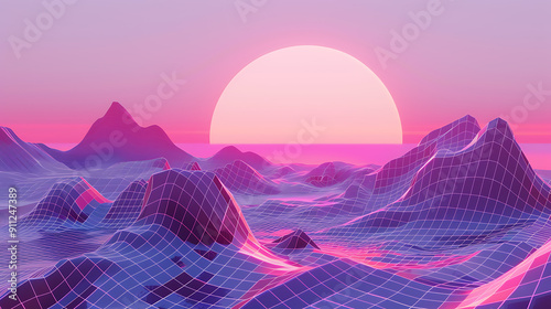 Pink and blue retro futuristic mountains and sun, a digital landscape for technology and design projects. 
