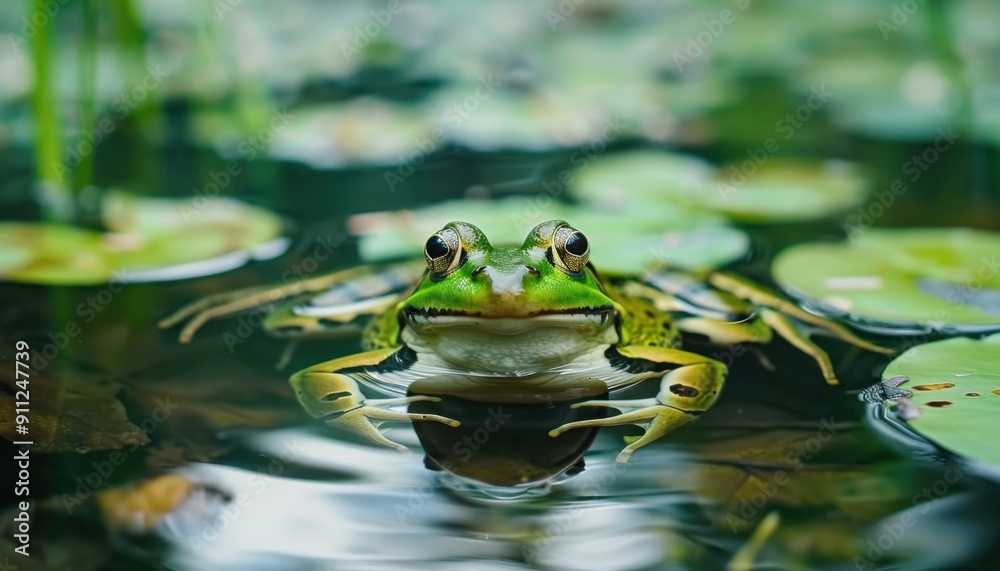 Green Frog Swimming Among Lily Pads in a Serene Pond at Sundown Green Frog Swimming Among Lily Pads in a Serene Pond at Sundown