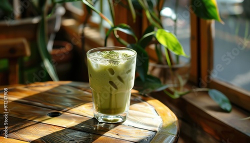 Chilled Matcha Beverage Served in a Glass on a Rustic Wooden Table by a Window photo