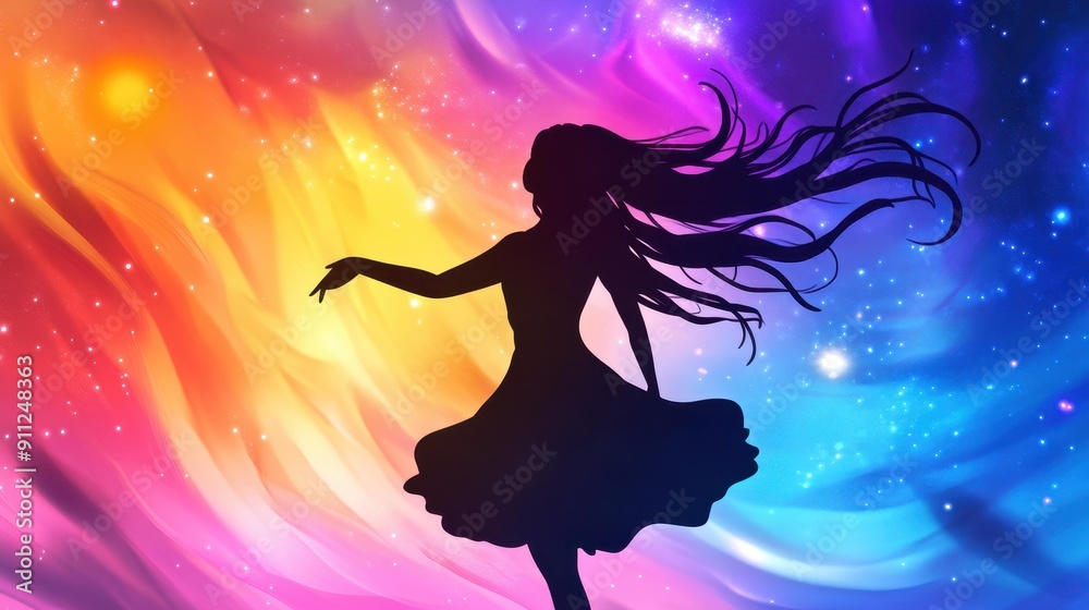A young girl twirls in a cosmic ballet, surrounded by twinkling stars and swirling galaxies, celebrating the universe. A young girl twirls in a cosmic ballet, surrounded by twinkling stars and swirling galaxies, celebrating the universe.