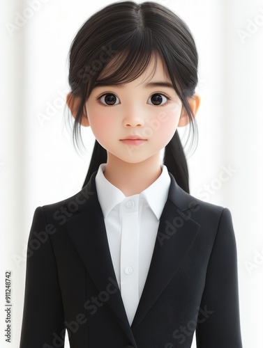 A tenyearold in a sharp black suit sits in class, ready to guide the world with intelligence and charm. photo