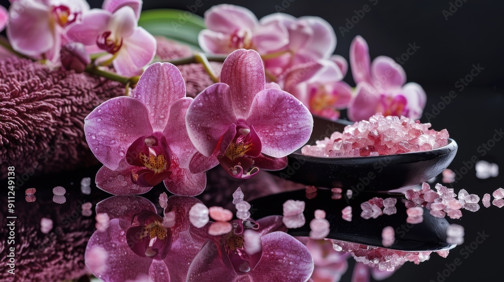Pink Orchids with Salt Crystals and Reflection on a Dark Background Pink Orchids with Salt Crystals and Reflection on a Dark Background