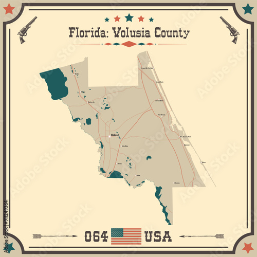 Large and accurate map of Volusia County, Florida, USA with vintage colors.
