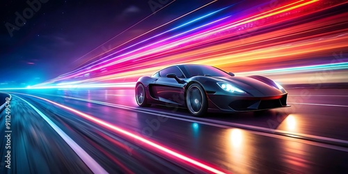 A Supercar On Neon Highway, Powerful acceleration of a high speed on a night track with colorful lights and trails background