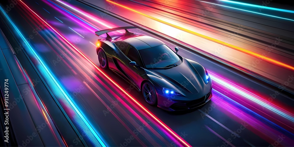 A Supercar On Neon Highway, Powerful acceleration of a high speed on a night track with colorful lights and trails background A Supercar On Neon Highway, Powerful acceleration of a high speed on a night track with colorful lights and trails background