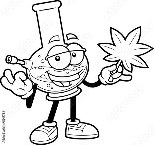 Outlined Marijuana Bong Cartoon Character Holding Marijuana Leaf And Showing Ok Sign. Vector Hand Drawn Illustration Isolated On Transparent Background