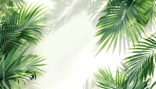 Lush Green Tropical Palm Leaves Framing Soft Neutral Background in Bright Natural Light