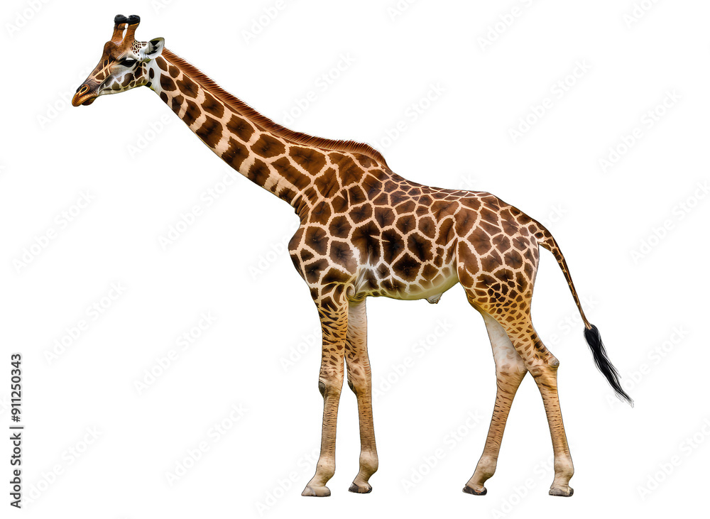 Fototapeta premium Majestic giraffe standing tall, showcasing its unique pattern and grace in a natural habitat, a symbol of the wild.