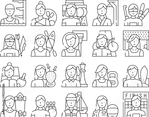 female sport woman exercise icons set vector. girl athlete, workout training, young people, healthy active gym lifestyle fitness female sport woman exercise black contour illustrations