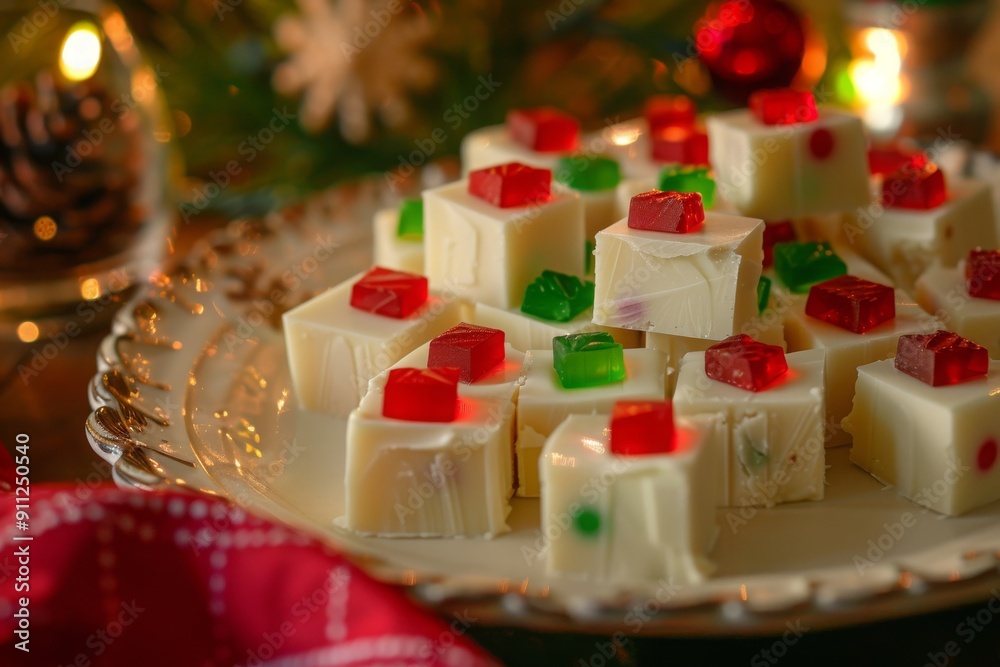 A plate of white chocolate fudge with red and green candy gummy squares, in the shape of Christmas lights A plate of white chocolate fudge with red and green candy gummy squares, in the shape of Christmas lights