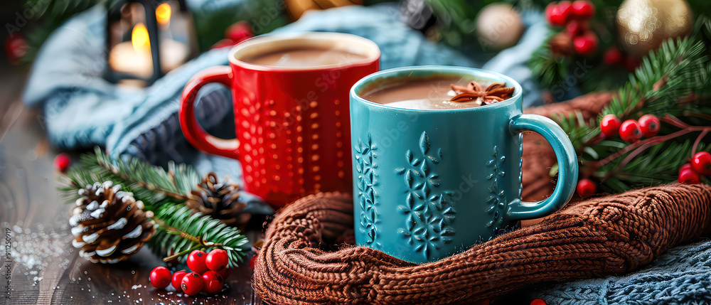 Cup or mug with cacao, hot chocolate, coffee, tea with decorations on christmas background. Happy new year or Christmas mockup.Cozy wintertime leisure. Generative ai Cup or mug with cacao, hot chocolate, coffee, tea with decorations on christmas background. Happy new year or Christmas mockup.Cozy wintertime leisure. Generative ai
