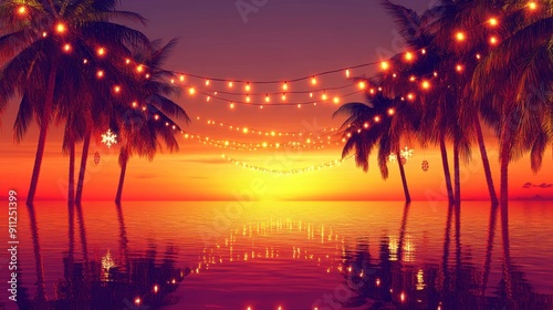 Tropical Sunset Paradise with Palm Trees and String Lights