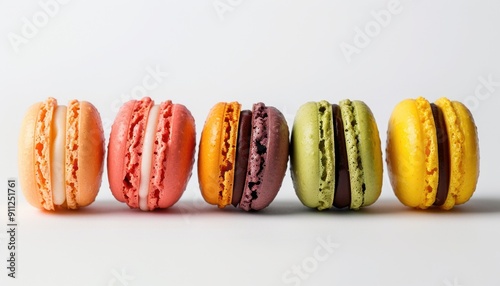 Colorful Assorted Macarons Displayed Neatly on a White Background During Morning Light