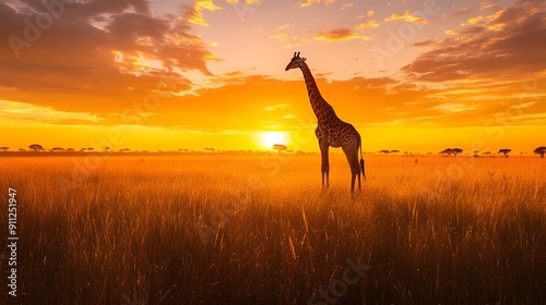 African savanna at dawn, lone giraffe silhouette, golden sunrise, vibrant sky, wispy clouds, tall grass prairie, acacia trees on horizon, early morning light, warm color palette.