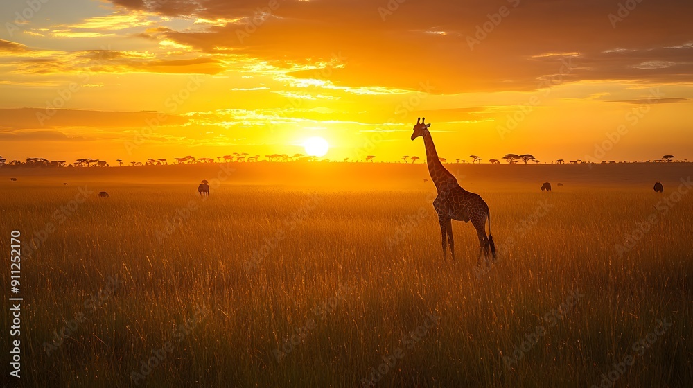 African savanna at dawn, lone giraffe silhouette, golden sunrise, vibrant sky, wispy clouds, tall grass prairie, acacia trees on horizon, early morning light, warm color palette. African savanna at dawn, lone giraffe silhouette, golden sunrise, vibrant sky, wispy clouds, tall grass prairie, acacia trees on horizon, early morning light, warm color palette.