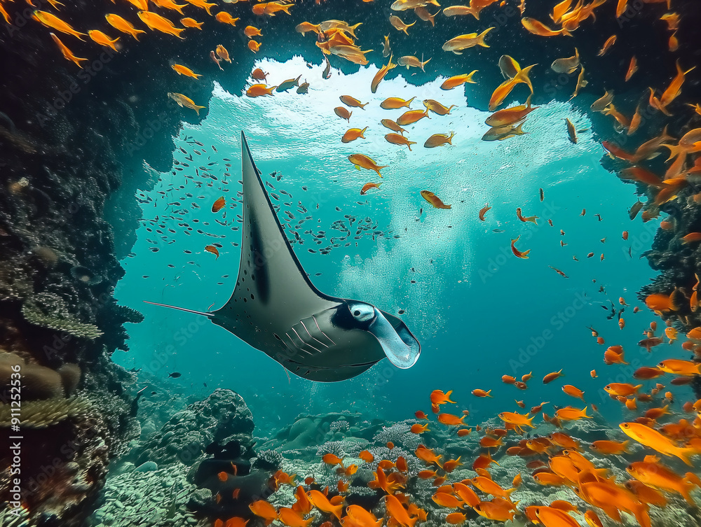 A large fish is swimming through a school of smaller fish. The scene is lively and colorful, with the large fish being the main focus