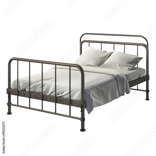 Realistic 3d rendered metal bed frame with white bed linens on a transparent background photo