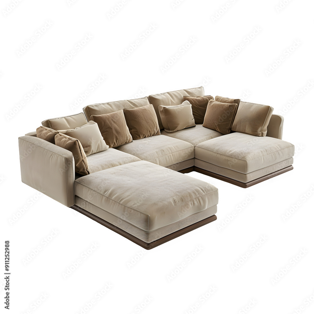 Obraz premium Elegant beige sectional sofa set against a transparent checkered background, perfect for interior design