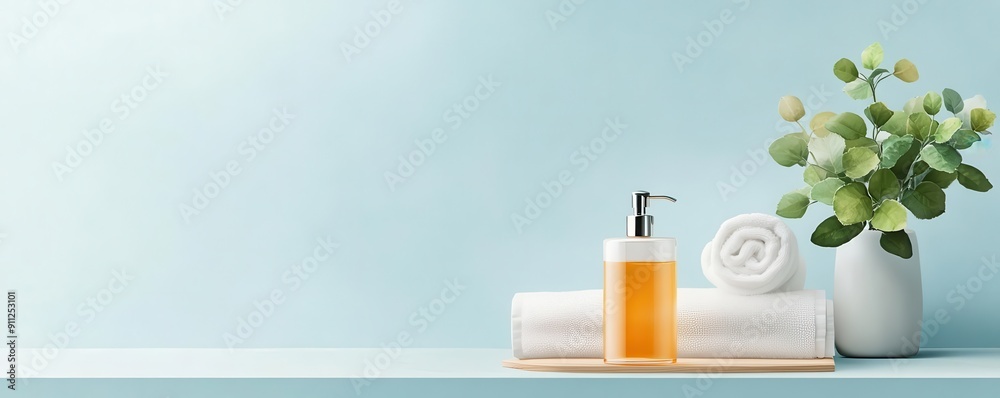 A serene spa scene featuring a bottle of oil, fresh towels, and a decorative plant against a soft blue background. A serene spa scene featuring a bottle of oil, fresh towels, and a decorative plant against a soft blue background.