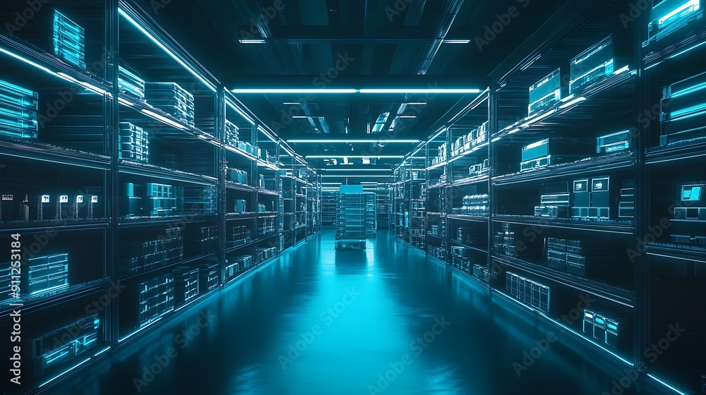 Digital Shelves with Integrated Sensors and Holographic Labels in a High-Tech Warehouse Digital Shelves with Integrated Sensors and Holographic Labels in a High-Tech Warehouse