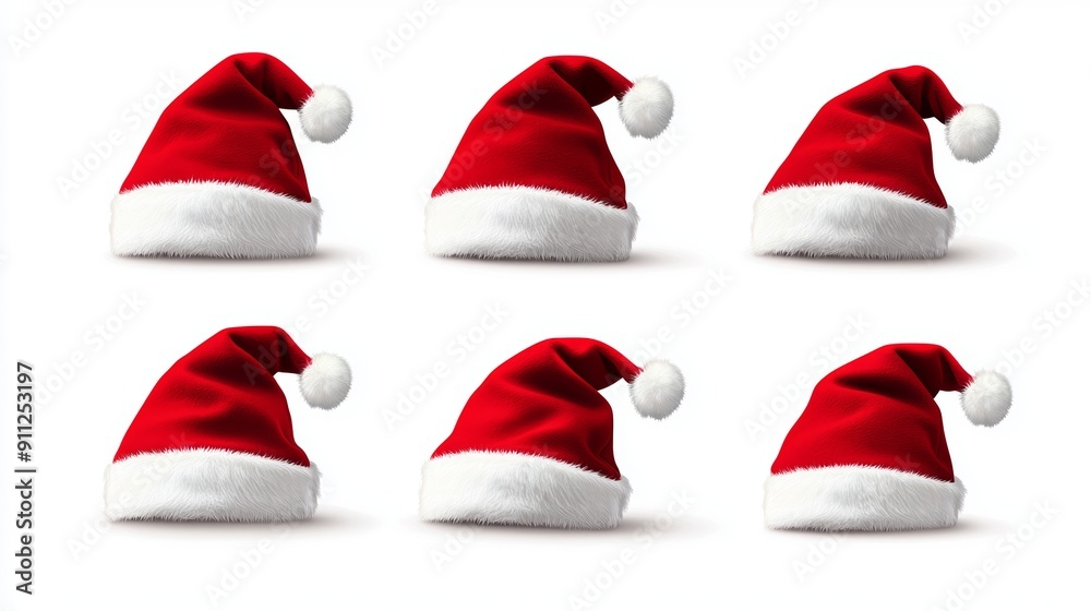 A set of six red santa hats. A set of six red santa hats.