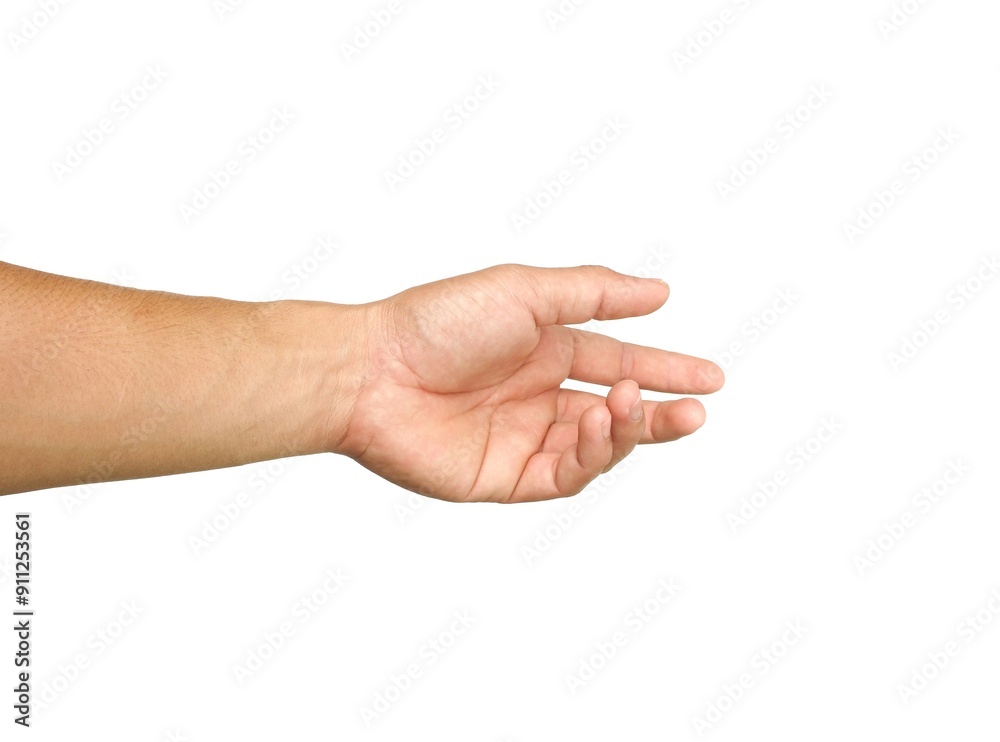 A man's hand extended forward, as if I was about to grab something. or about to help isolated on white background. A man's hand extended forward, as if I was about to grab something. or about to help isolated on white background.