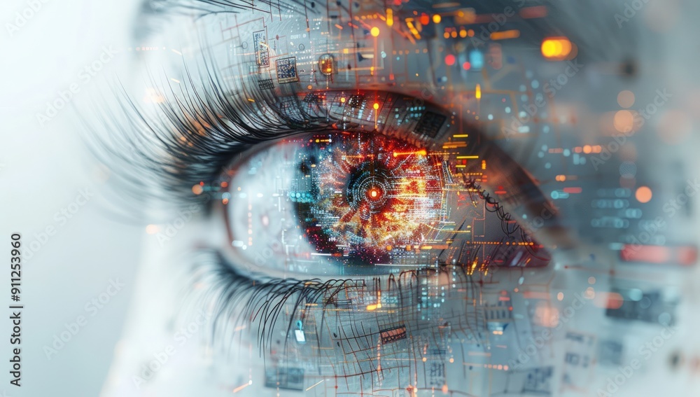 Fototapeta premium Close-up of a human eye with a futuristic digital interface overlayed on it
