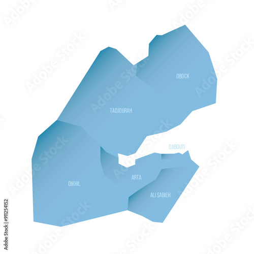 Djibouti political map of administrative divisions - regions. Shaded vector map with 3D-like blue gradient and name labels