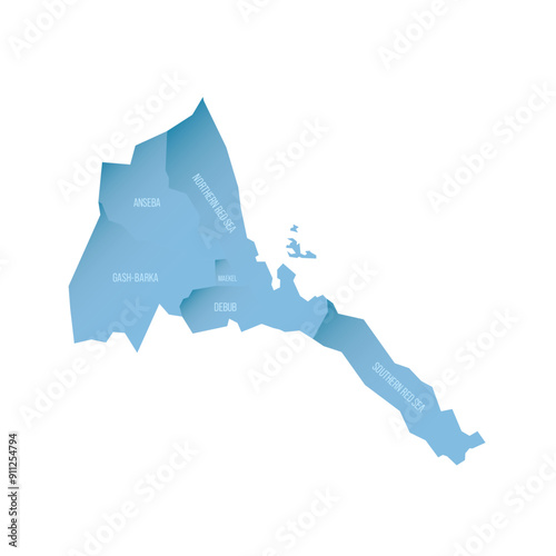 Eritrea political map of administrative divisions - regions. Shaded vector map with 3D-like blue gradient and name labels photo